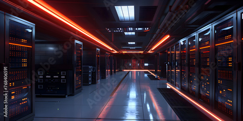  A modern data center featuring multiple servers in dark room background Orange and yellow misty digital technology background with server room data center glowing wall hallway corridor