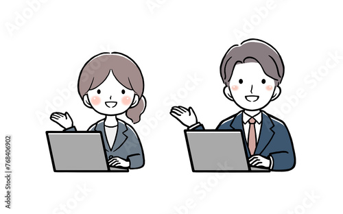 案内をしてパソコンを使うビジネスウーマンとビジネスマン