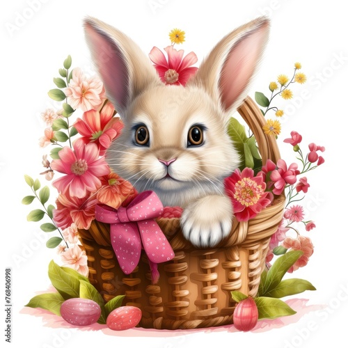 Cute rabbit in a basket with fresh flowers.