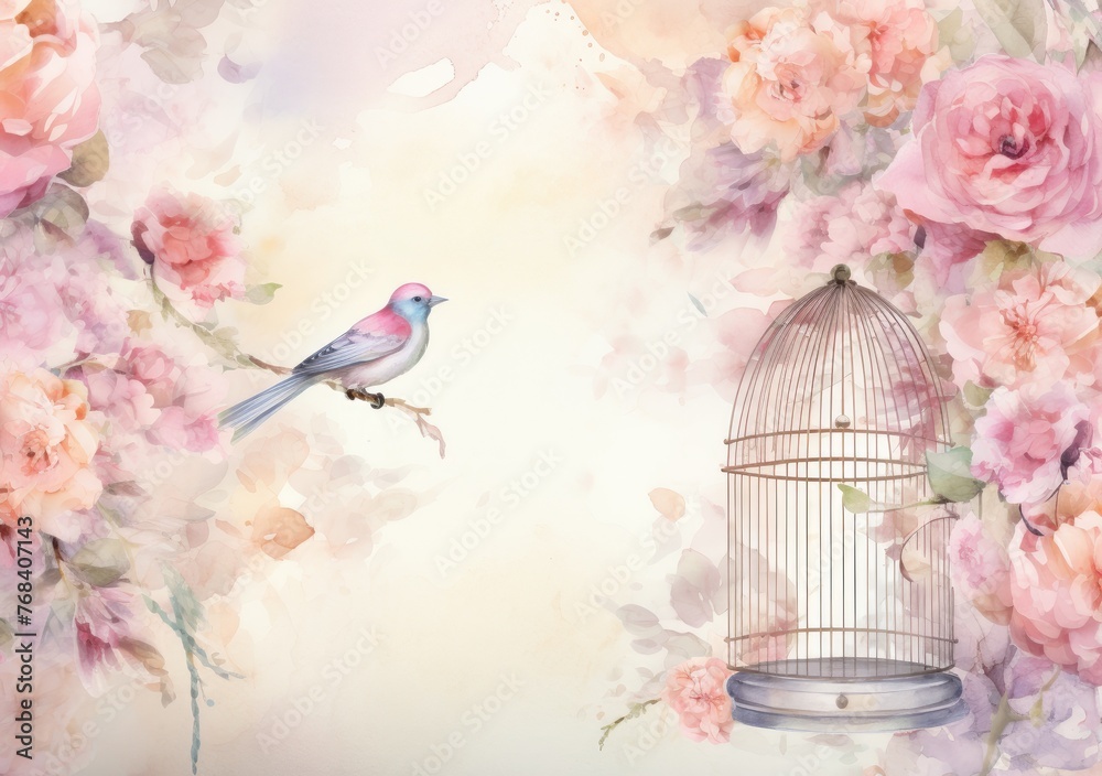 Small songbird next to a cage and flowers on a light background