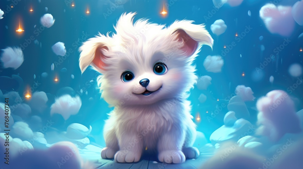 Cute pet puppy on a bright holiday background.