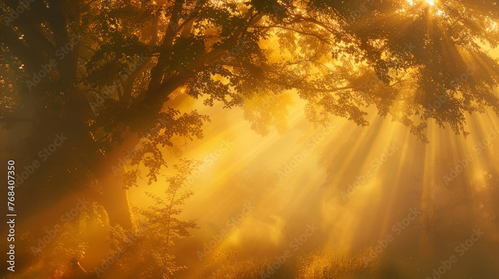 Morning sunbeams break through a hazy forest, illuminating the mist with a divine and uplifting spectacle of nature