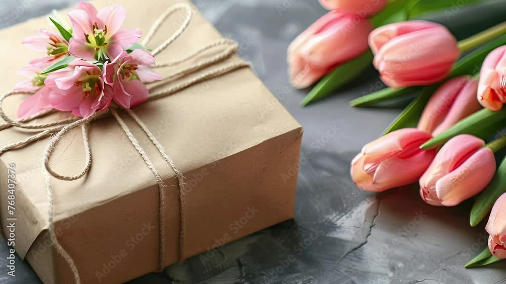 Gift Box with blooming spring tulips for mother's day, valentine, anniversary, and wedding concept Gift Box with blooming spring tulips for mother's day, valentine, anniversary, and wedding concept
