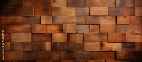 A closeup of a brown rectangular wooden wall with square panels. The wood stain enhances the hardwood flooring, resembling brickwork in a building material