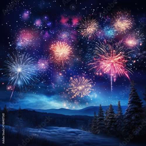 Bursting fireworks illuminate night sky