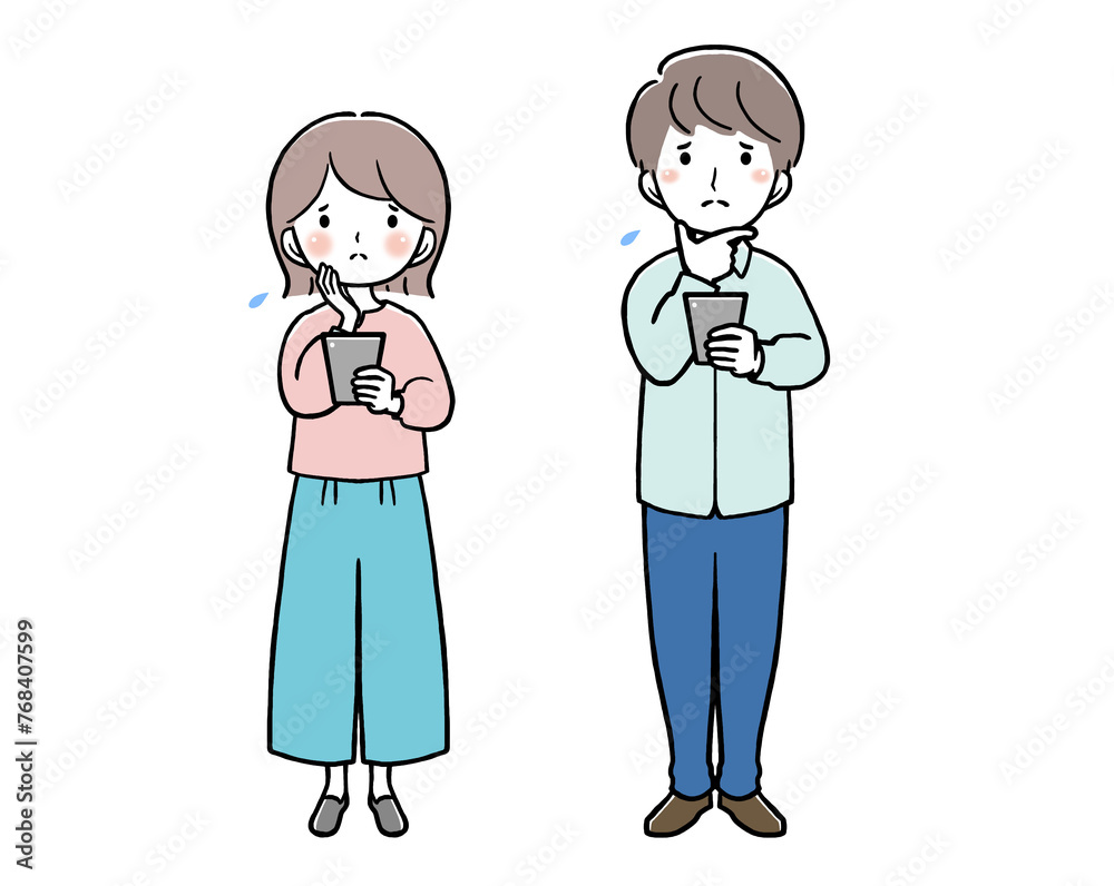 スマホを持って困っている私服の女性と男性