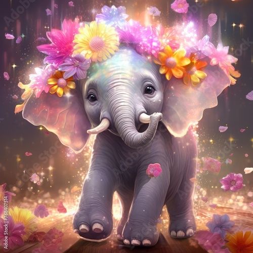 Cute baby elephant in bright rainbow colors.