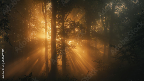 Magical sunlight scatters through a dense forest  giving life to a visually stunning and dreamy misty morning