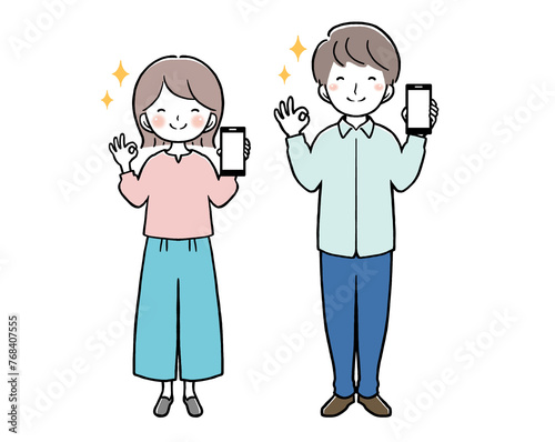 スマホを持ってOKサインをする私服の女性と男性