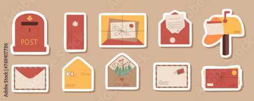 Trendy handwritten letter sticker pack design, cartoon paper mail in postal box patch set, creative greeting postcard with paper note badge, flat handmade open envelope and mailbox label template.