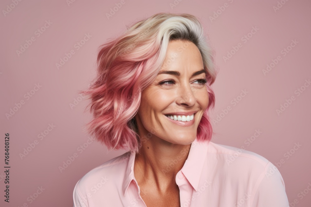 Cheerful woman with pink hair. Portrait of beautiful young woman smiling and looking at camera while standing against pink background Cheerful woman with pink hair. Portrait of beautiful young woman smiling and looking at camera while standing against pink background