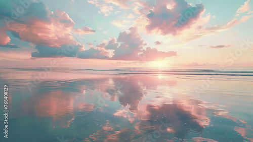 A serene digital painting showcasing a dreamy sunset with pastel-hued skies reflecting in the ocean