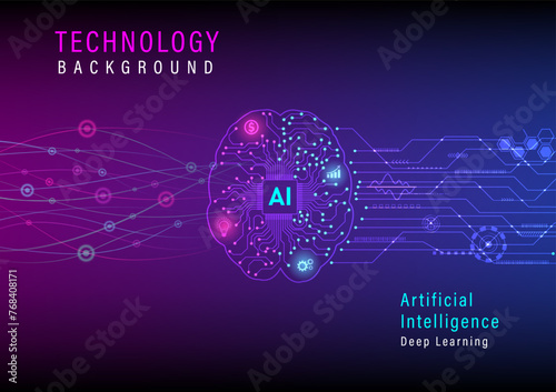 Abstract background technology futuristic artificial intelligence Brain machine learning has a microprocessor with electronic circuits and glowing icons, purple and blue gradient background.