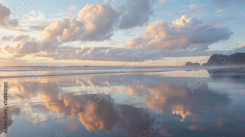 A digital painting capturing the tranquil moments of sunrise as clouds reflect on the peaceful beach