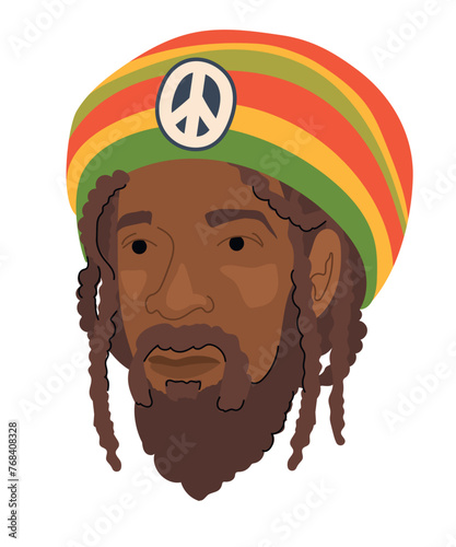 A man in a voluminous cap and a traditional ethnic costume in the color of the Rastafarian flag. A Jamaican with dreadlocks. Vector flat illustration for poster, sticker or logo of reggae music themes