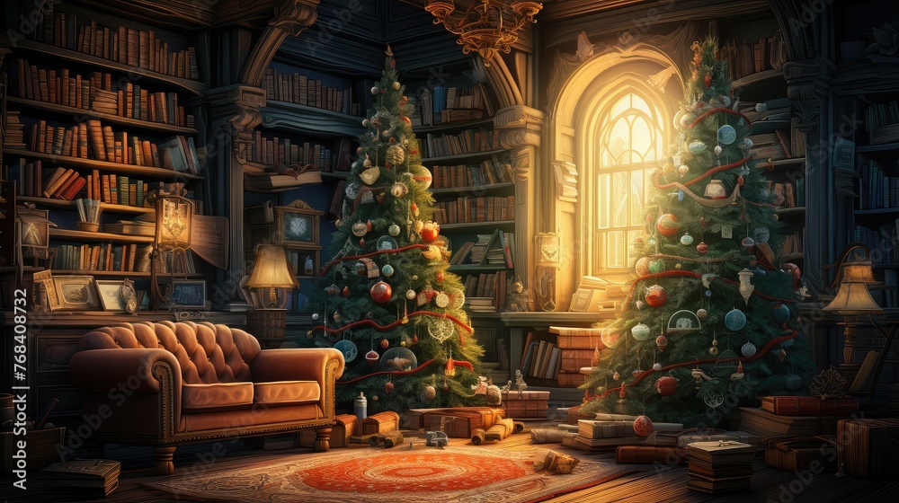House interior with furniture, Christmas tree, and holiday decorations