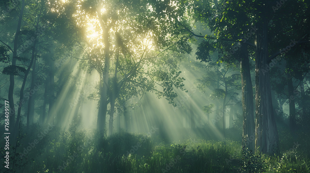 Radiant beams of sunlight cut through the mist, illuminating a vibrant, yet tranquil green forest