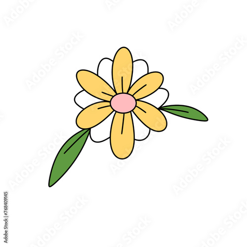 A yellow flower with a green leaf. The flower is drawn in a cartoon style. The flower is the main focus of the image