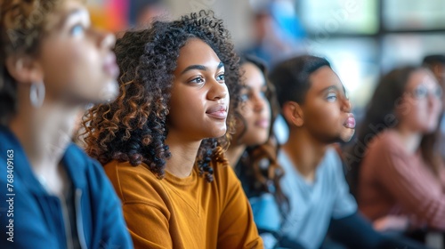 a classroom setting with students of diverse body types participating in a lively discussion, reflecting the reality of a diverse student population.