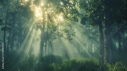 Radiant beams of sunlight cut through the mist, illuminating a vibrant, yet tranquil green forest