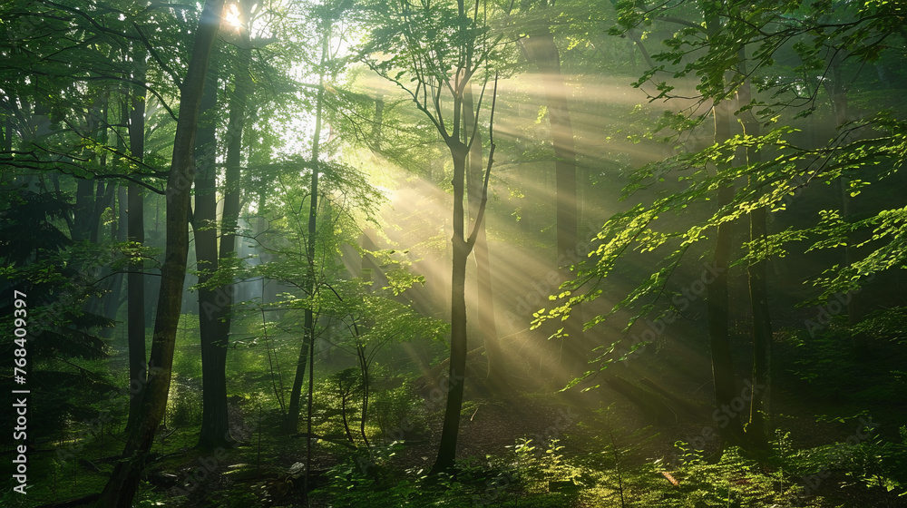 Fototapeta premium A breathtaking natural forest landscape bathed in sunrays that break through the canopy, illuminating the verdurous flora