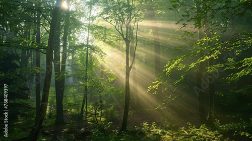 A breathtaking natural forest landscape bathed in sunrays that break through the canopy  illuminating the verdurous flora