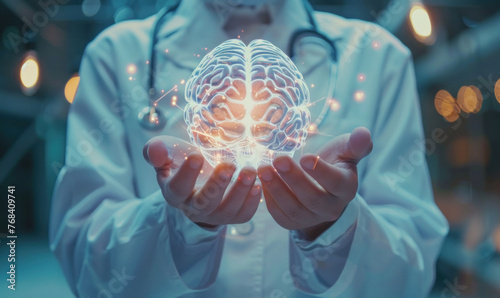 The image illustrates a visual metaphor for innovation and global connectivity, featuring a human brain linked with DNA and surrounded by symbols of technology and business A hand holds a glowing glob photo