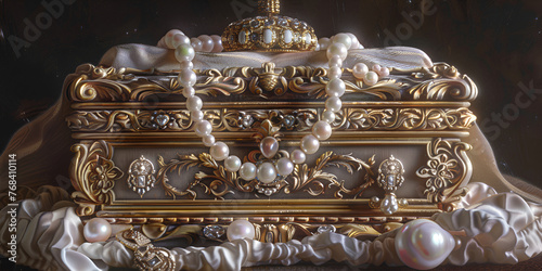 Casket jewelry box with many jewellery low key picture of a golden treasure box and a stunning queen or king's crown.AI Generative