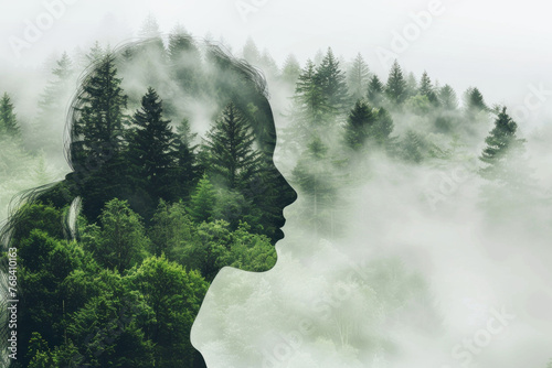 A person stands amidst a misty forest, surrounded by towering mountains, lush greenery, and majestic pines, under a sky veiled with clouds, showcasing the beauty of nature across all seasons © in