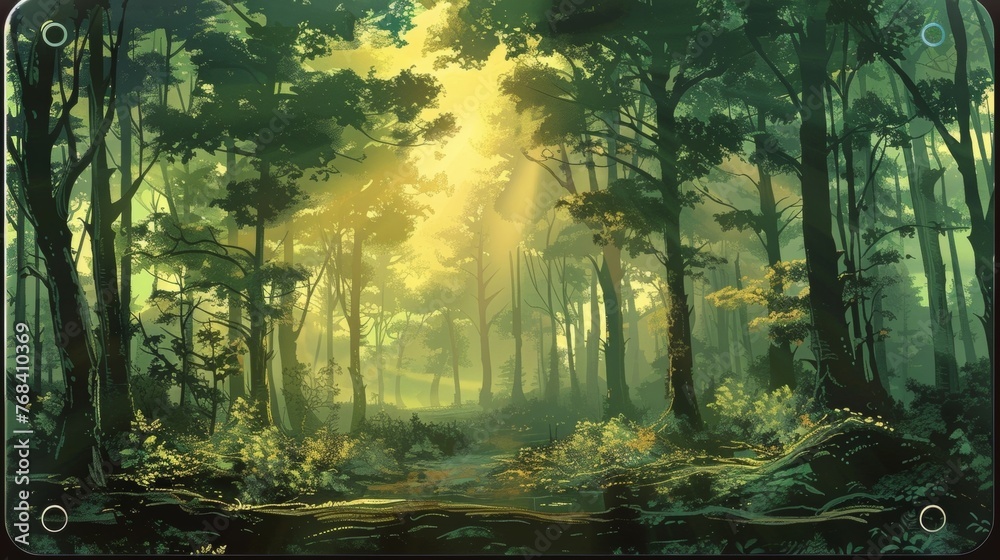 Obraz premium Add a touch of nature to your vehicle with this custom license plate featuring a peaceful forest landscape in shades of green and brown.