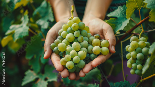 Close-up of hands holding a bunch of green grapes in a vineyard, showcasing a successful harvest.