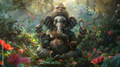 A serene depiction of the Hindu deity Lord Ganesha seated in a tranquil, lush garden surrounded by an aura of mystical light.