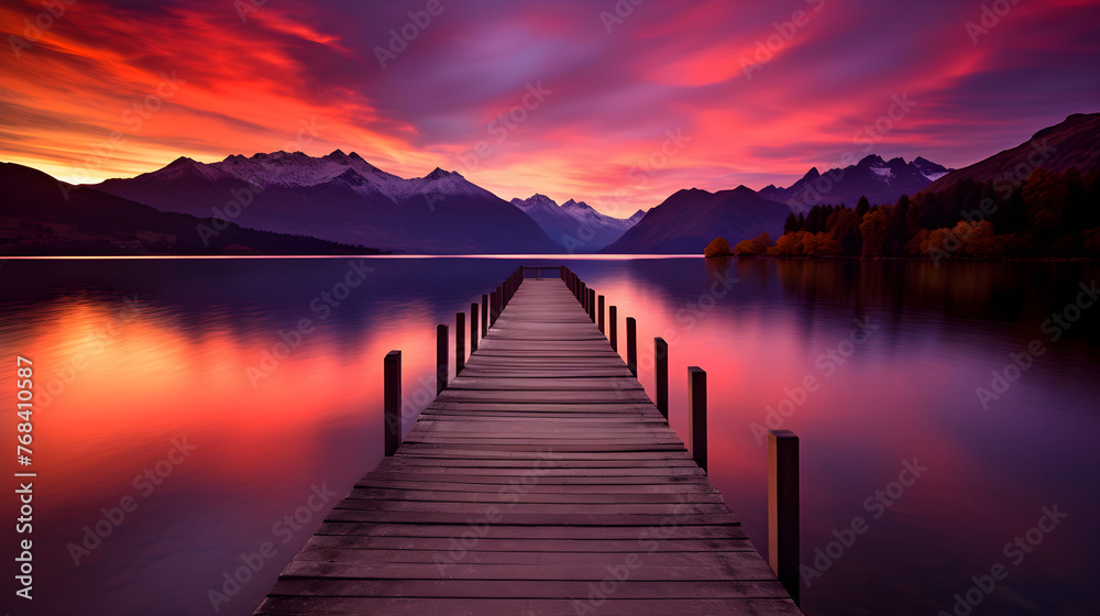 Stunning Display of a Fiery Sunset Over the Peaceful Waters and Majestic Mountain Ranges - A Captivating Visual Treat by DG Designer - obrazy, fototapety, plakaty 