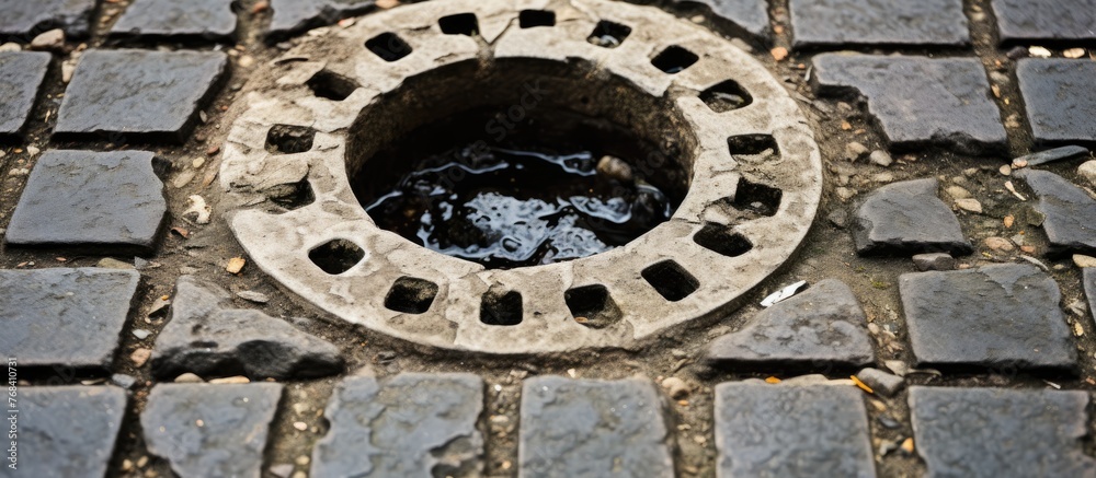 A metal manhole cover on a cobblestone street with water bubbling out of it, surrounded by automotive tires and rims, showcasing an artistic display in the middle of a circle