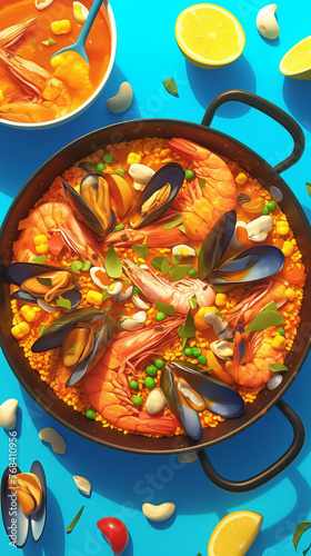 Sumptuous Seafood Paella in Pan with Lemon and Ingredients, National Spanish Paella Day
