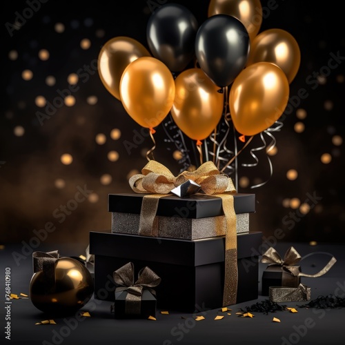 Gold balloons and a black gift box with a gold ribbon against a dark background.