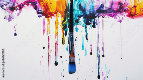 A paintbrush is dipped into a red, yellow, and blue paint photo