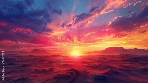 A vibrant sunset casting a fiery glow across a vast desert landscape