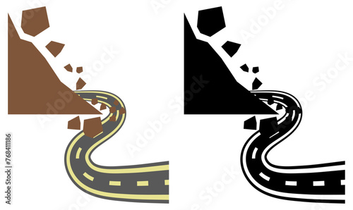 Landslide closes road. icon on white background.