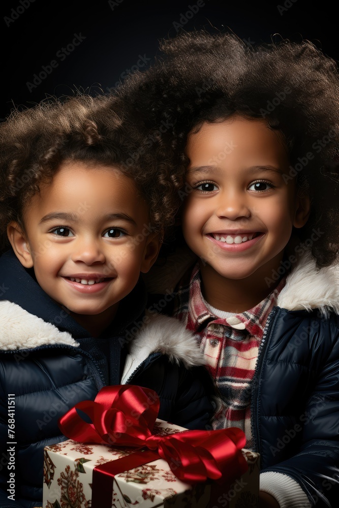 Two little girls, with smiling faces, holding Christmas gifts and looking happy Two little girls, with smiling faces, holding Christmas gifts and looking happy