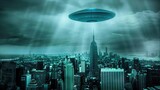 Alien invasion. An alien spaceship hovered over a densely populated city. The city's skyline is transformed as the alien vessel hovers above, a stark reminder of the possibilities beyond our world.