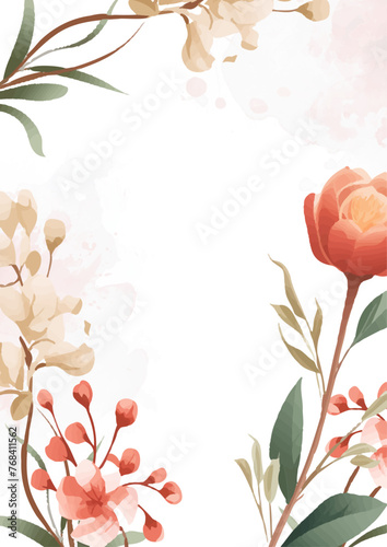 Beige white and red invitation background bouquet watercolor painting with flora and flower