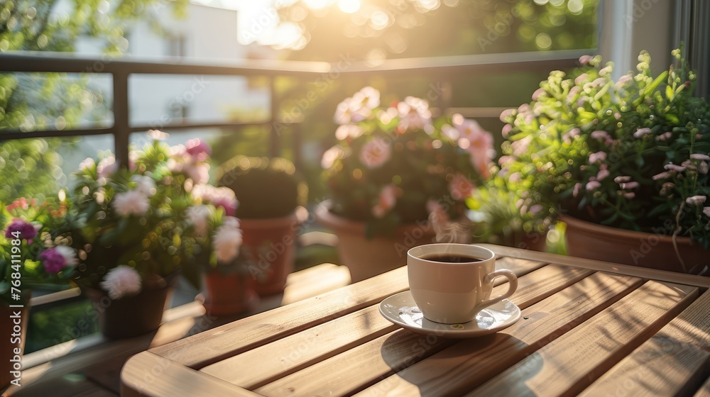 an image of a household balcony or patio where family members unwind with a cup of tea or coffee, enjoying quiet moments of reflection and gratitude.