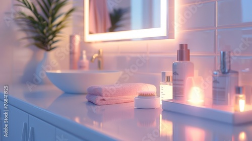 a scene in a bathroom where individuals engage in personal grooming activities such as skincare routines, hair care, and hygiene practices, emphasizing the importance of self-care.