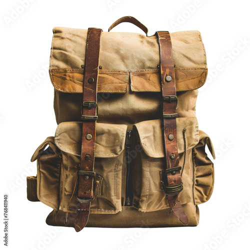 Backpack isolated on transparent background, cut out, png, brown bag