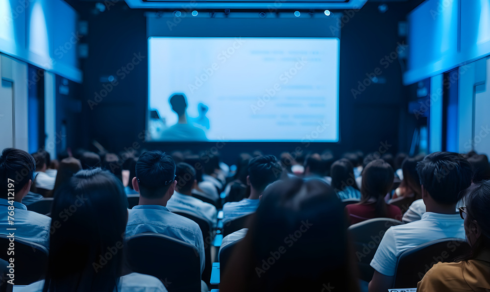 audience in the conference hall or seminar meeting with large media screen showing video presentation, Generative AI