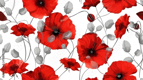 Pattern with red flowers on white background  seamless