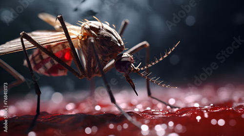 mosquito on red blood cell close-up. 3d rendering, microscopic image of a mosquito, 
