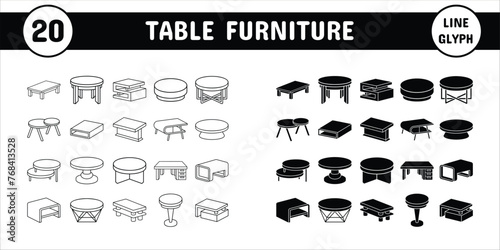 Table Furniture Line Glyph Vector Illustration Icon Sticker Set Design Materials