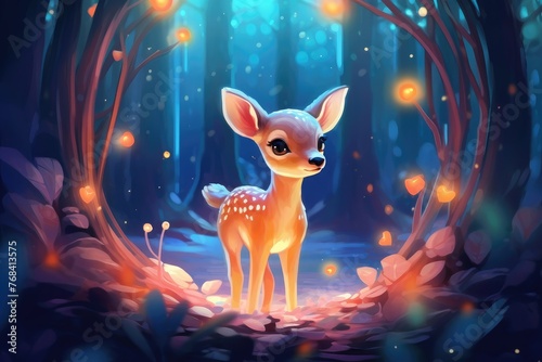 Fawn cartoon in darkness with electric blue fireflies, surrounded by forest © Виктория Попова